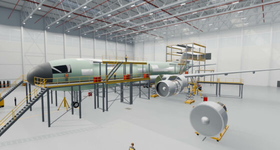 Rendered aircraft maintenance hangar with an airliner in a yellow work dock, one engine on a stand and technicians on platforms